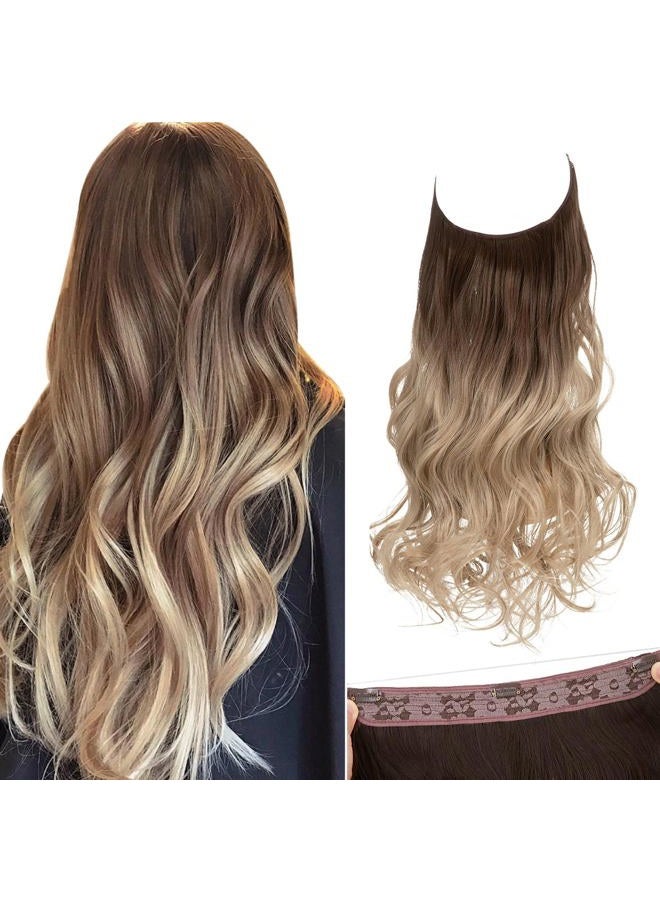 SARLA Ombre Invisible Wire Hair Extensions with 3 Clips Short Synthetic Wavy Curly Hairpiece Adjustable Transparent Headband for Women 14 Inch Brown to Ash Blonde - Image 1