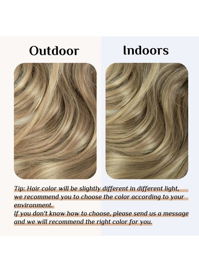 SARLA Ombre Invisible Wire Hair Extensions with 3 Clips Short Synthetic Wavy Curly Hairpiece Adjustable Transparent Headband for Women 14 Inch Brown to Ash Blonde - Image 2