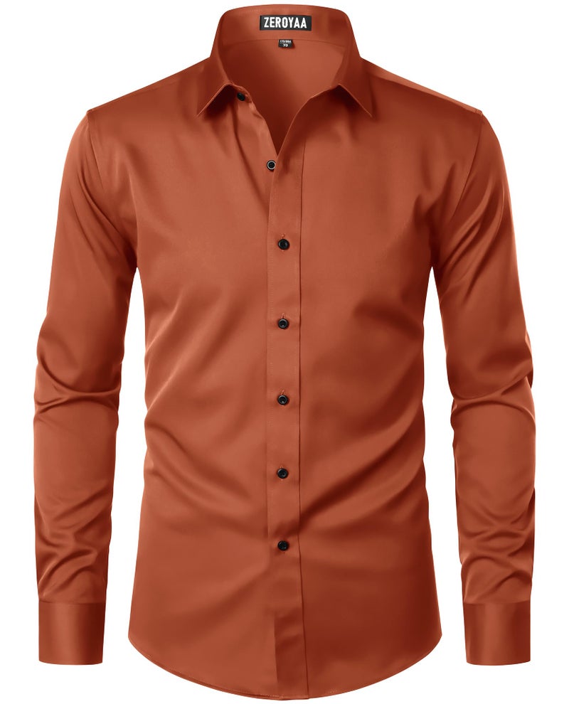 ZEROYAA Men's Long Sleeve Dress Shirt Modern Slim Fit Wrinkle-Free Casual Business Button Up Shirts ZSSCL07-Burnt Orange Large - Image 1