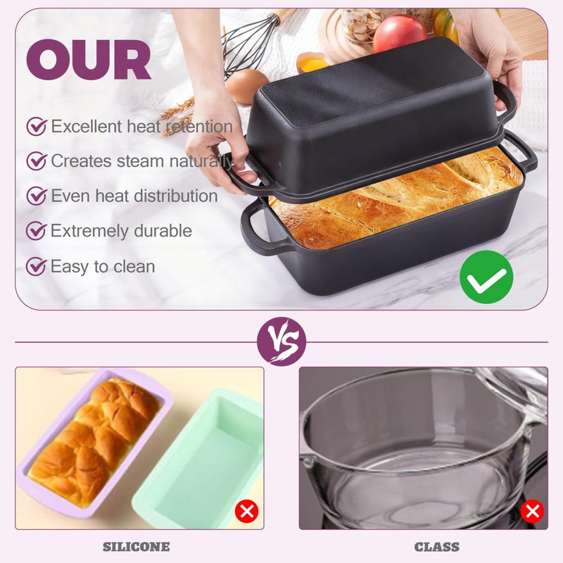 Vanderlume 11x5 Inch Cast Iron Loaf Pan with Lid, Large Dutch Oven Bread Loaf Pan for Sourdough, Homemade Bread Baking, Even Heat Distribution, 5.8Qt - Image 4