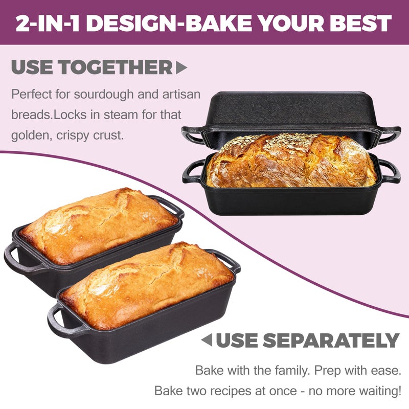 Vanderlume 11x5 Inch Cast Iron Loaf Pan with Lid, Large Dutch Oven Bread Loaf Pan for Sourdough, Homemade Bread Baking, Even Heat Distribution, 5.8Qt - Image 5