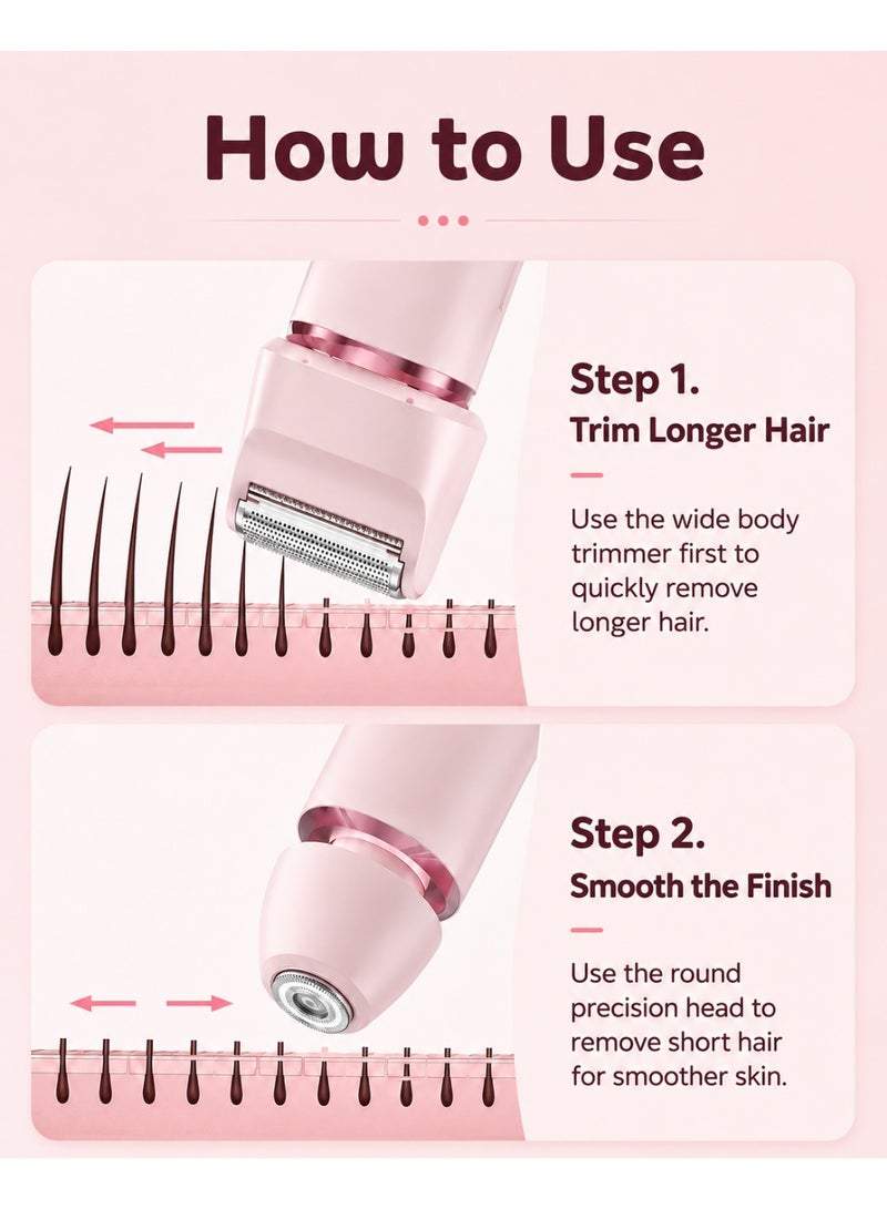 2-In-1 Bikini Trimmer for Women, Rechargeable Cordless Electric Body Shaver with Dual Heads, LED Digital Display, Type-C Charging, Wet & Dry Hair Remover for Legs, Underarms, Arms, Face & Bikini Area, Pink - Image 4