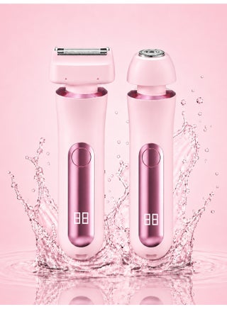 2-In-1 Bikini Trimmer for Women, Rechargeable Cordless Electric Body Shaver with Dual Heads, LED Digital Display, Type-C Charging, Wet & Dry Hair Remover for Legs, Underarms, Arms, Face & Bikini Area, Pink