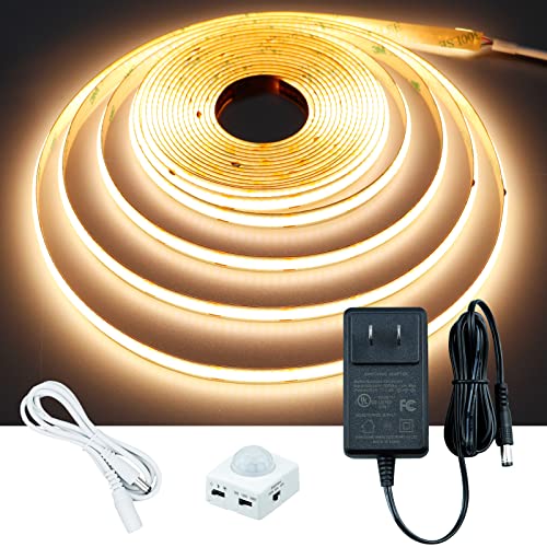 GOMING Motion Sensor COB LED Light Strip 16.4ft(5M) Warm White 3000K 3 Lighting Modes 3 Timing Off Modes 3 Brightness Modes with Power Adapter for Kitchen Cabinets Stair Showcase Bedroom Bed - Image 1