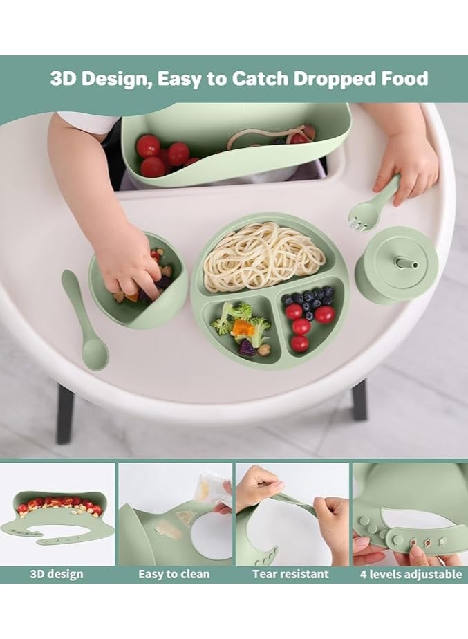 8 pieces Baby silicone feeding set/ Children's Cutlery & tableware set/ Portable, Travel friendly/ Non-toxic Food Grade Silicone/ Baby Feeding Set/ Safe & Reusable Utensils for toddlers and kids (8 Pieces/ Compartment Plate, Bowl, Short Fork & Spoon, Water Cup, Bib, Long Fork & Spoon)/ Green  - Image 2
