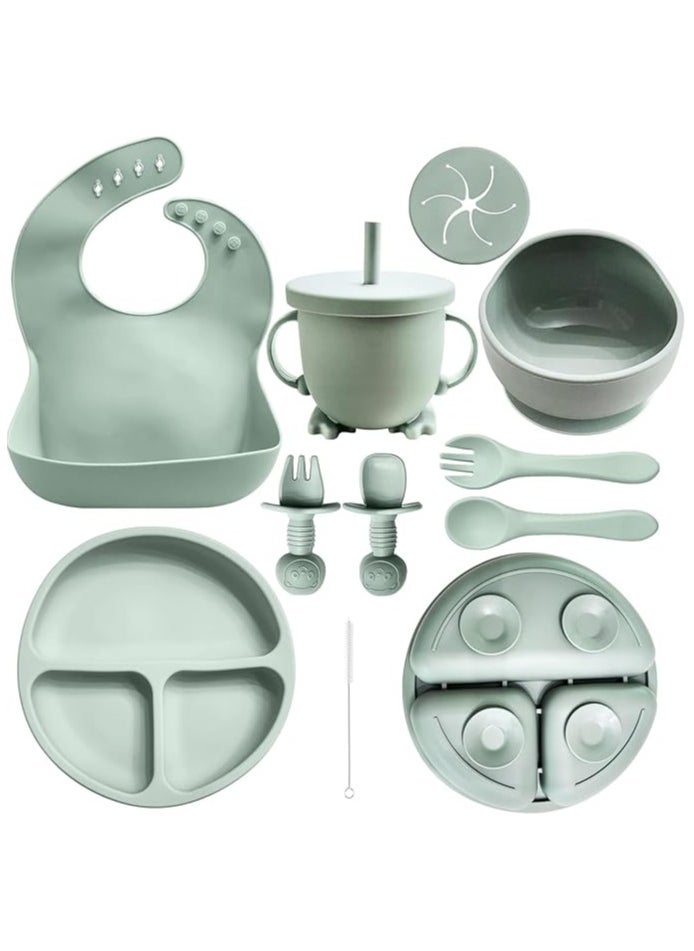 Generic 8 pieces Baby silicone feeding set/ Children's Cutlery & tableware set/ Portable, Travel friendly/ Non-toxic Food Grade Silicone/ Baby Feeding Set/ Safe & Reusable Utensils for toddlers and kids (8 Pieces/ Compartment Plate, Bowl, Short Fork & Spoon, Water Cup, Bib, Long Fork & Spoon)/ Green  - Image 1