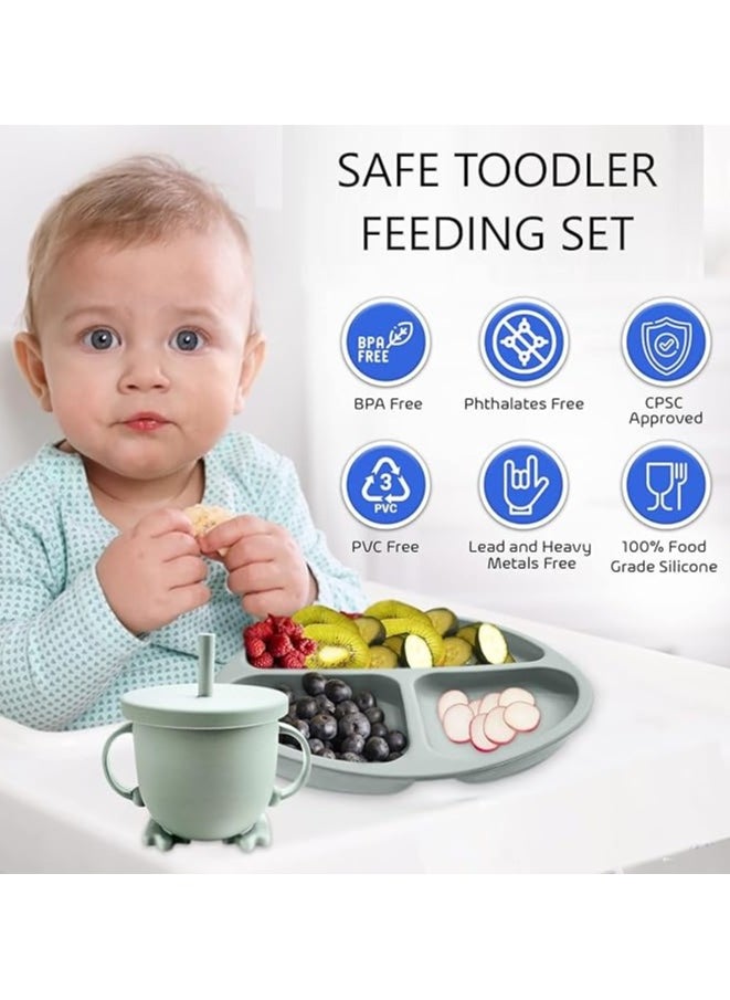 Generic 8 pieces Baby silicone feeding set/ Children's Cutlery & tableware set/ Portable, Travel friendly/ Non-toxic Food Grade Silicone/ Baby Feeding Set/ Safe & Reusable Utensils for toddlers and kids (8 Pieces/ Compartment Plate, Bowl, Short Fork & Spoon, Water Cup, Bib, Long Fork & Spoon)/ Green  - Image 5