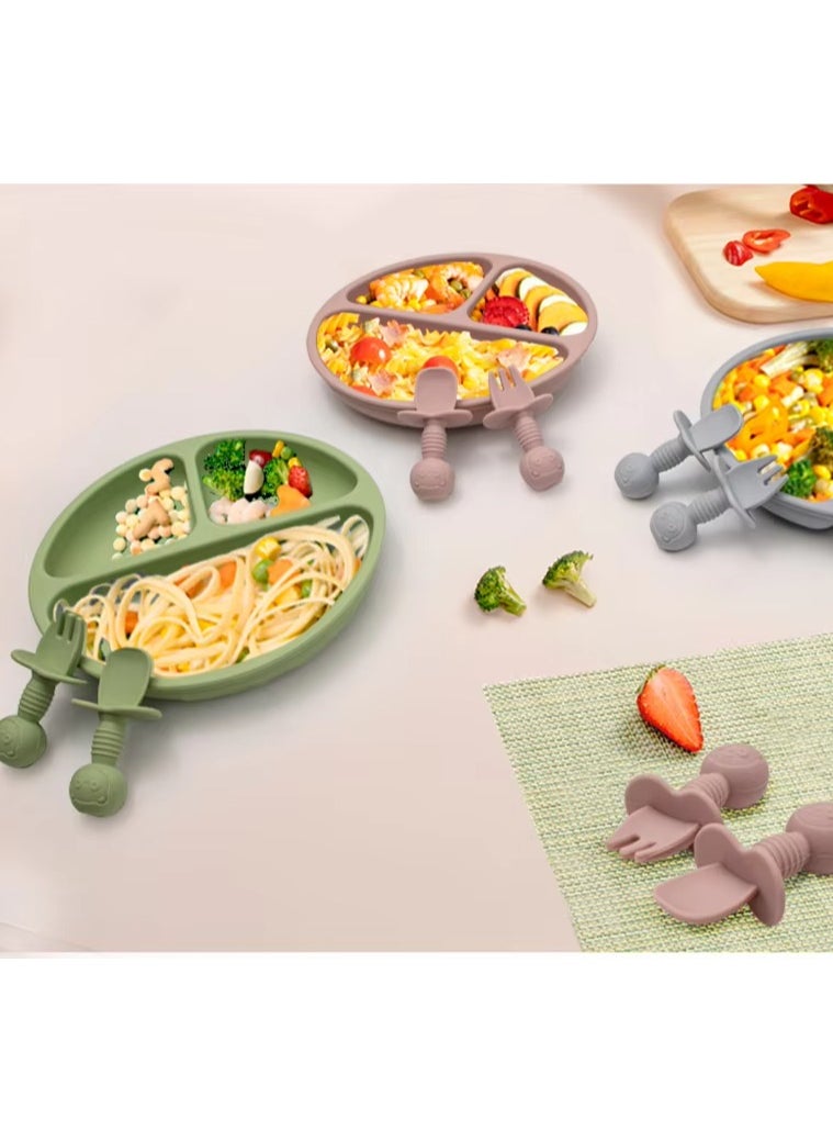 Generic 8 pieces Baby silicone feeding set/ Children's Cutlery & tableware set/ Portable, Travel friendly/ Non-toxic Food Grade Silicone/ Baby Feeding Set/ Safe & Reusable Utensils for toddlers and kids (8 Pieces/ Compartment Plate, Bowl, Short Fork & Spoon, Water Cup, Bib, Long Fork & Spoon)/ Green  - Image 4