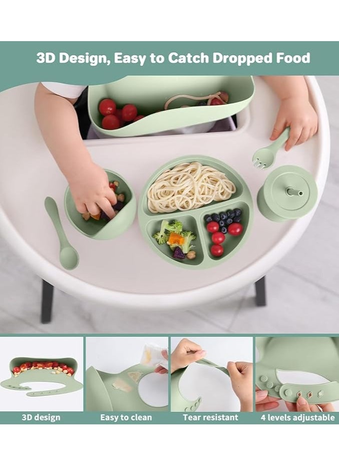 Generic 8 pieces Baby silicone feeding set/ Children's Cutlery & tableware set/ Portable, Travel friendly/ Non-toxic Food Grade Silicone/ Baby Feeding Set/ Safe & Reusable Utensils for toddlers and kids (8 Pieces/ Compartment Plate, Bowl, Short Fork & Spoon, Water Cup, Bib, Long Fork & Spoon)/ Green  - Image 2