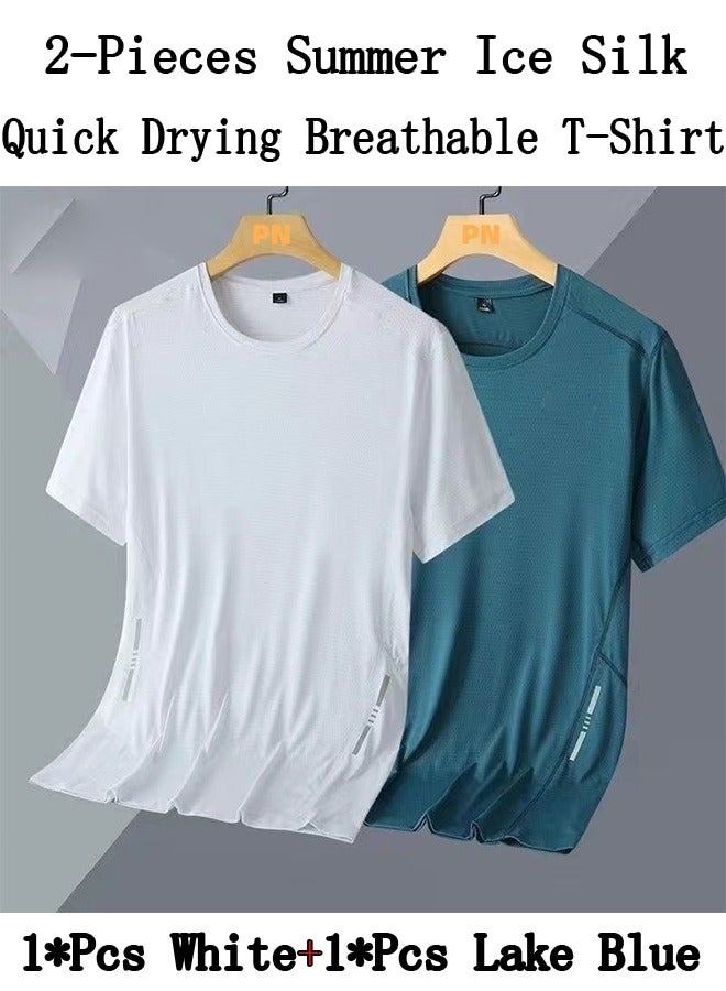2-Pieces Summer Ice Silk Quick Drying Breathable T-Shirt,Trendy Sports Casual Loose Short Sleeve - Image 1