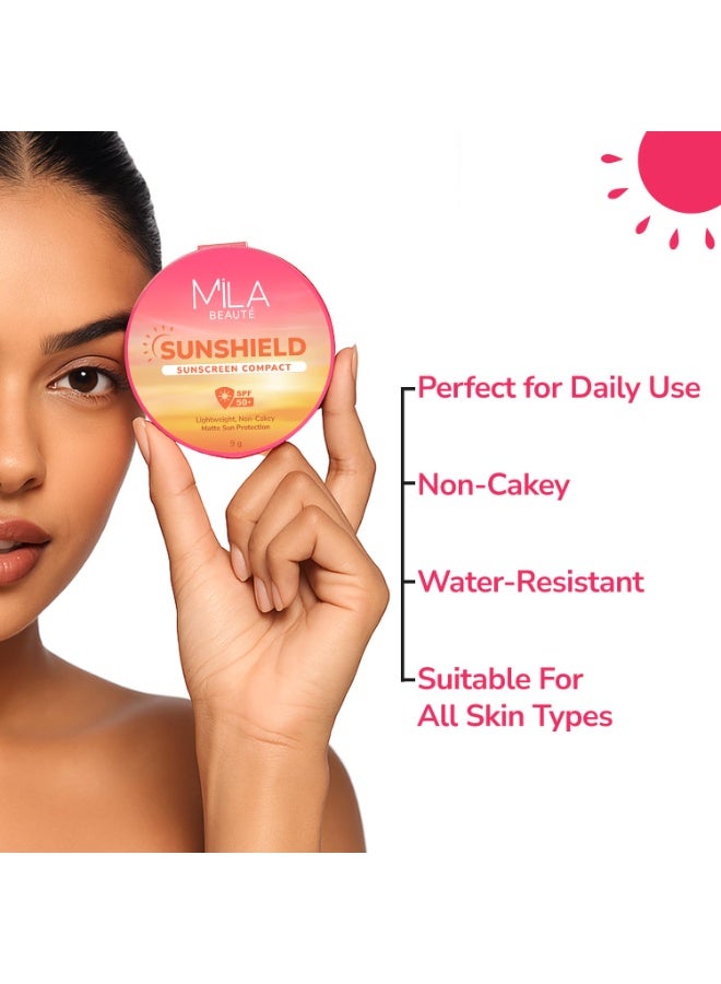 ميلا بيوتي واقي شمس مضغوط Mila Beaute Sun Shield بلمسة مطفية (Matte) وحماية SPF 50 PA+++ من الأشعة فوق البنفسجية | يخفي مظهر المسام ويمنح تغطية كاملة | تركيبة خفيفة الوزن | غني بفيتامين E | مناسب لجميع أنواع البشرة | الدرجة: 2 Nude | 9 جم - Image 4