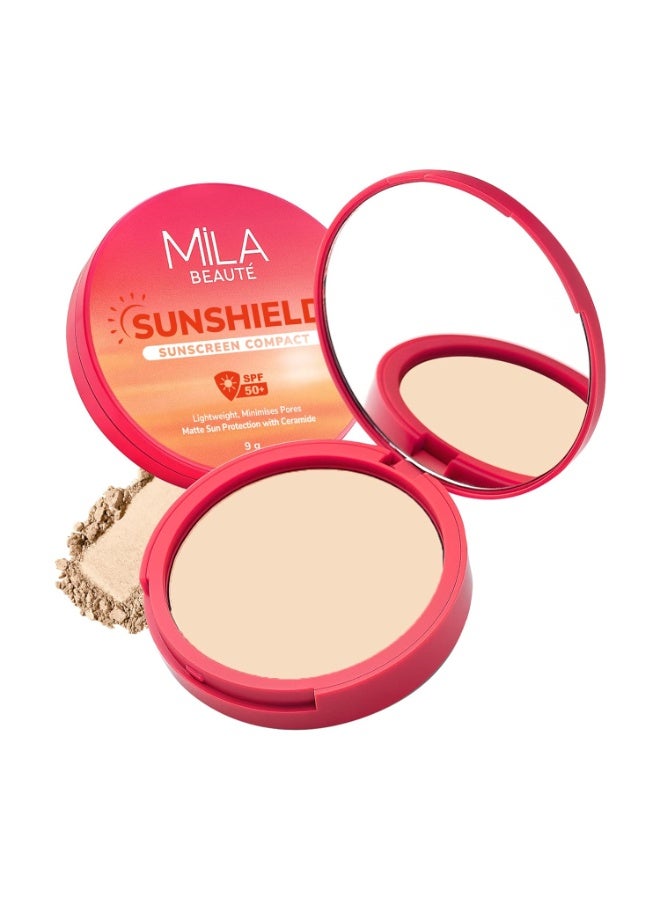 ميلا بيوتي واقي شمس مضغوط Mila Beaute Sun Shield بلمسة مطفية (Matte) وحماية SPF 50 PA+++ من الأشعة فوق البنفسجية | يخفي مظهر المسام ويمنح تغطية كاملة | تركيبة خفيفة الوزن | غني بفيتامين E | مناسب لجميع أنواع البشرة | الدرجة: 2 Nude | 9 جم - Image 1