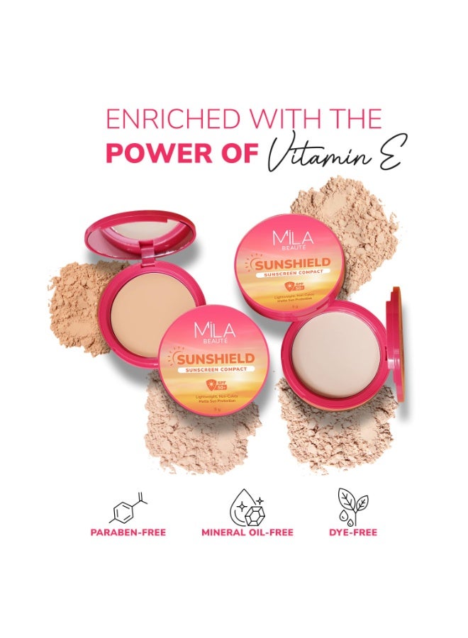 ميلا بيوتي واقي شمس مضغوط Mila Beaute Sun Shield بلمسة مطفية (Matte) وحماية SPF 50 PA+++ من الأشعة فوق البنفسجية | يخفي مظهر المسام ويمنح تغطية كاملة | تركيبة خفيفة الوزن | غني بفيتامين E | مناسب لجميع أنواع البشرة | الدرجة: 2 Nude | 9 جم - Image 3