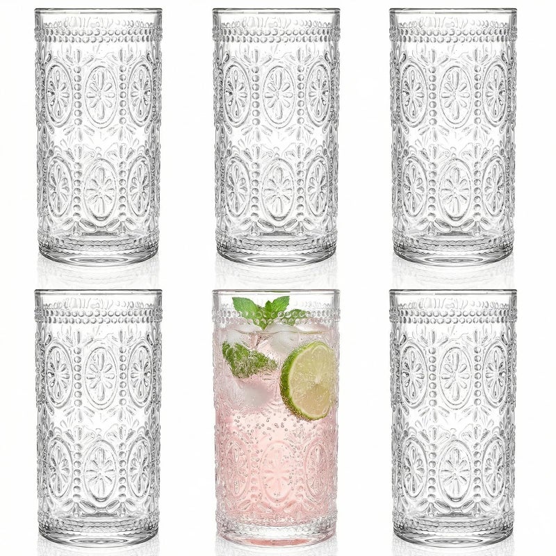 Bekith 6 Pack Romantic Drinking Glasses, 12 oz Highball Glasses, Thick Water Glasses, Tall Glass Cups for Beverages, Beer, Cocktail, Vintage Glassware Set for Dinner Parties, Bars, Restaurants - Image 1