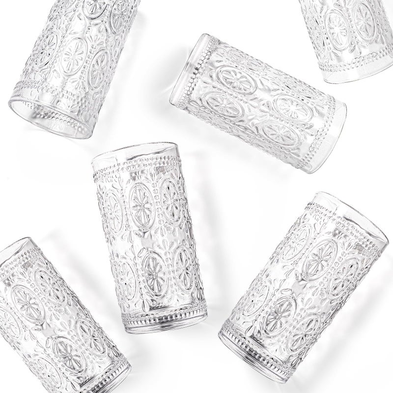 Bekith 6 Pack Romantic Drinking Glasses, 12 oz Highball Glasses, Thick Water Glasses, Tall Glass Cups for Beverages, Beer, Cocktail, Vintage Glassware Set for Dinner Parties, Bars, Restaurants - Image 3