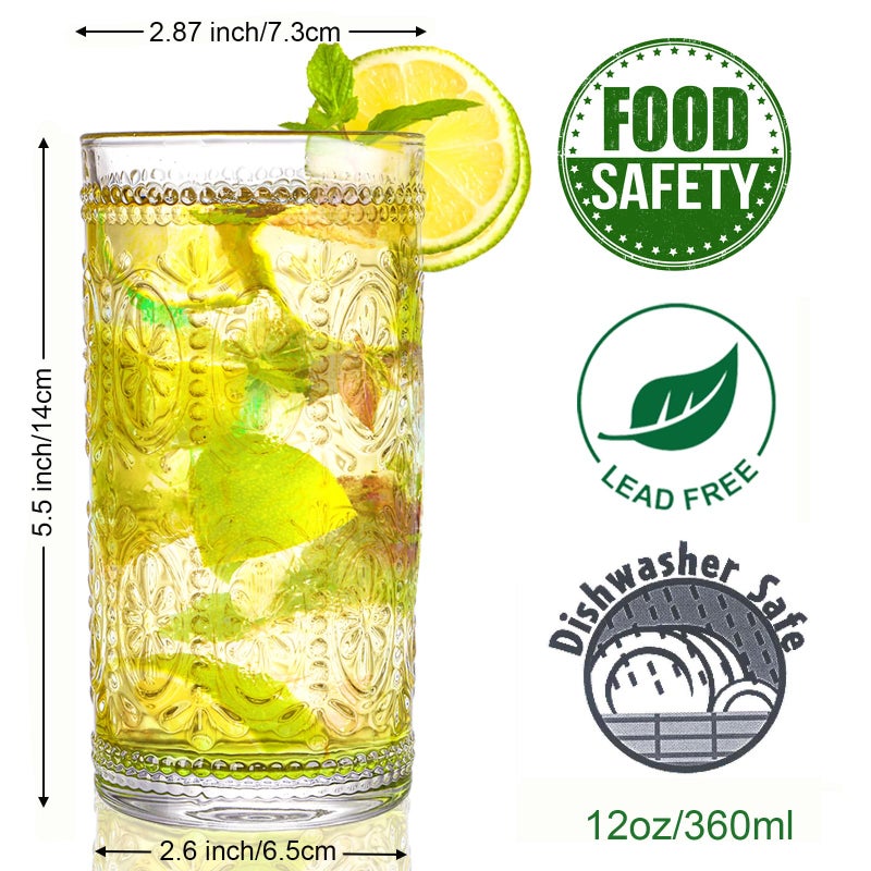 Bekith 6 Pack Romantic Drinking Glasses, 12 oz Highball Glasses, Thick Water Glasses, Tall Glass Cups for Beverages, Beer, Cocktail, Vintage Glassware Set for Dinner Parties, Bars, Restaurants - Image 2