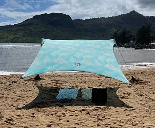 Neso Grande Portable Beach Tent Sun Shelter - Lightweight Beach Shade Canopy - Easy Setup for Family Outings - Patented Reinforced Corners - UPF 50+ Sun Protection - 7ft Tall, 9 x 9ft - Aqua Fronds - Image 1