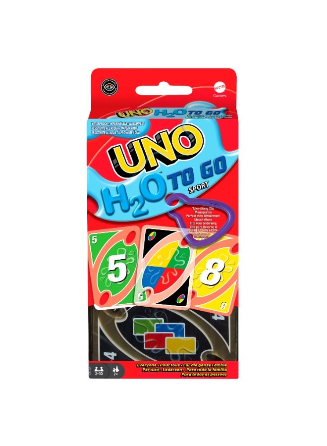 Mattel Games UNO H20 للذهاب، لعبة بطاقات مقاومة للماء، لأخذها إلى الشاطئ وإجازات الثلج، بطاقات متينة إضافية 108، للأعمار 7+، P1703 - Image 1