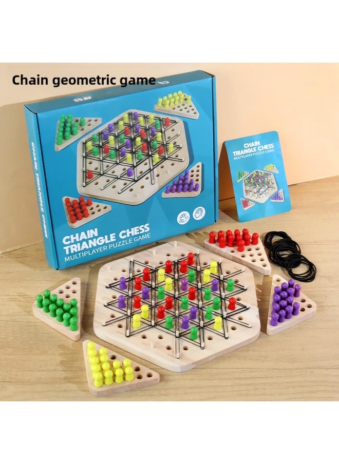 Generic - [Direct Supply] Solid Wood Chain Geometric Triangle Chess Children's Table Game Toys Educational Parent-Child Interactive Intelligence-Color:[package 1] Extra Large Four-player Battle Chain Chess (29cm Plate + 84 Large Chess Pieces + 40 Rubber Bands + 4 Chess Boards + Instruction Manual + Gift Box Packaging) - Image 1