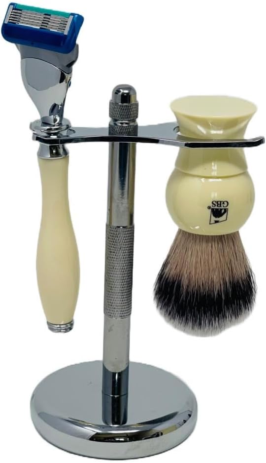 GBS Mens Shaving Set Five Blade Razor Synthetic Brush and Razor Dual Stand Ivory Shaving Mug with GBS Shave Soap Alum Block Travel Brush Tube and Pre Shave Oil - Image 2