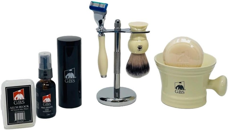GBS Mens Shaving Set Five Blade Razor Synthetic Brush and Razor Dual Stand Ivory Shaving Mug with GBS Shave Soap Alum Block Travel Brush Tube and Pre Shave Oil - Image 1