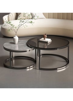 Set of 2 Modern Nesting Tables, Set Coffee Table, Round Sofa Side Table, Living Room, Tempered Glass Top and Black Metal Frame, (70cm Tall and 50cm Small)