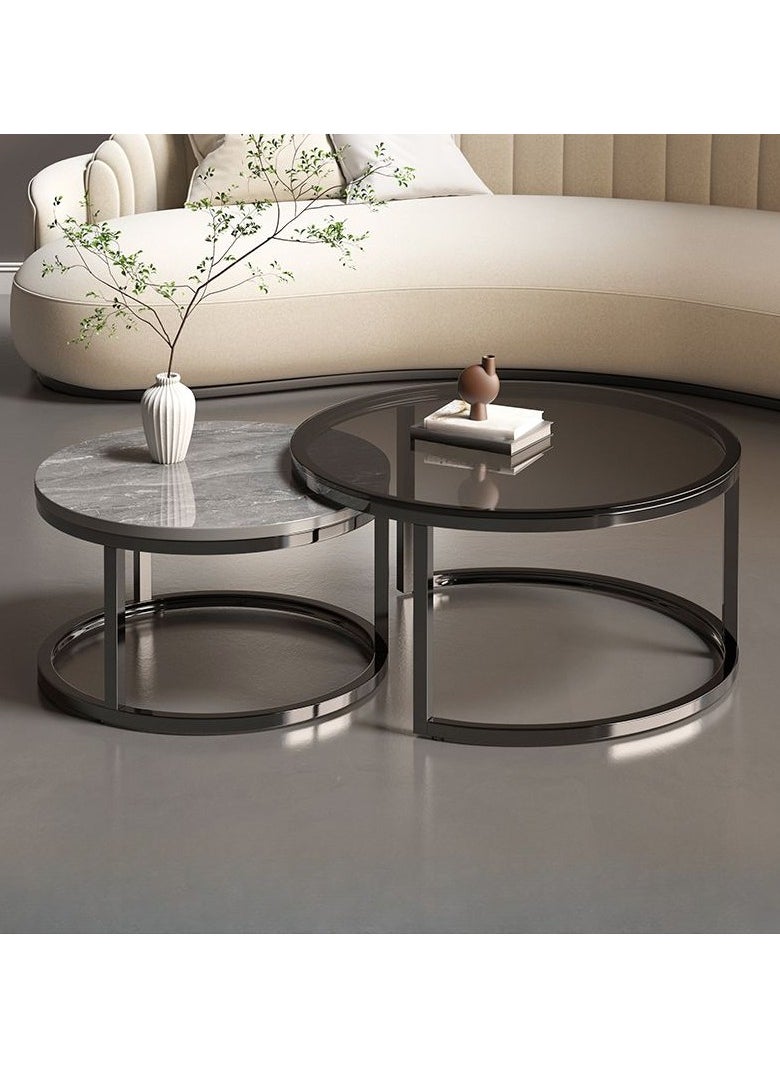 DubaiGallery - Set of 2 Modern Nesting Tables, Set Coffee Table, Round Sofa Side Table, Living Room, Tempered Glass Top and Black Metal Frame, (70cm Tall and 50cm Small) - Image 1