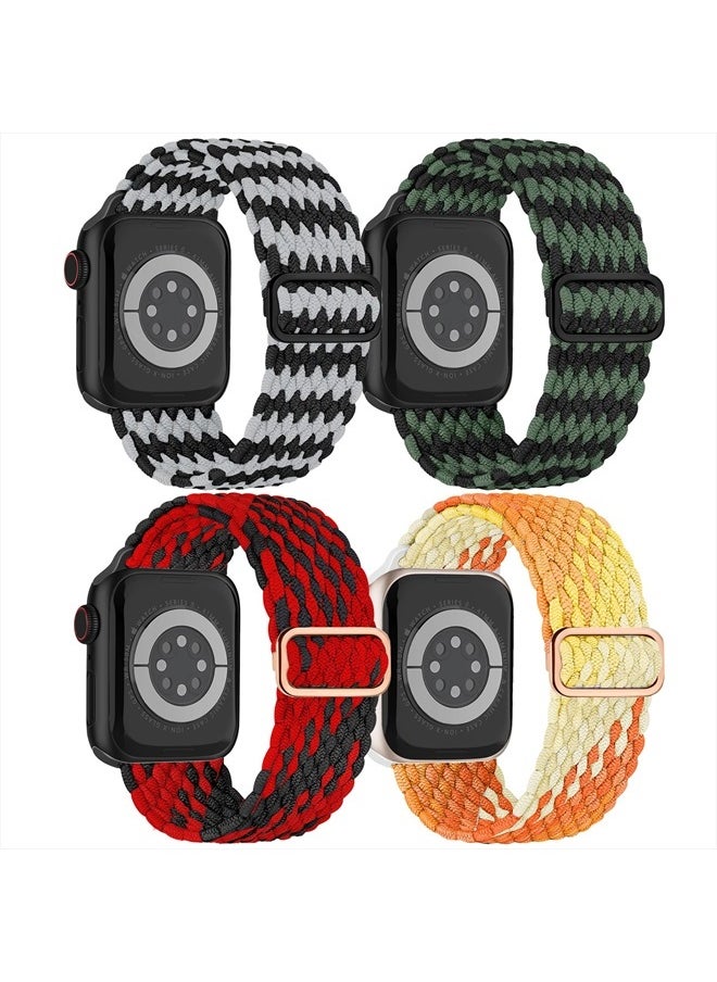 ALMNVO - Braided Solo Loop for Apple Watch Band 49mm 45mm 44mm 42mm Women Men, iWatch Stretchy Bands Sport Strap Nylon Apple Watch Ultra Band Series 8 7 SE 6 5 4 3,4 Pack,Stripes/Camouflage/Black-Red/Orange - Image 1