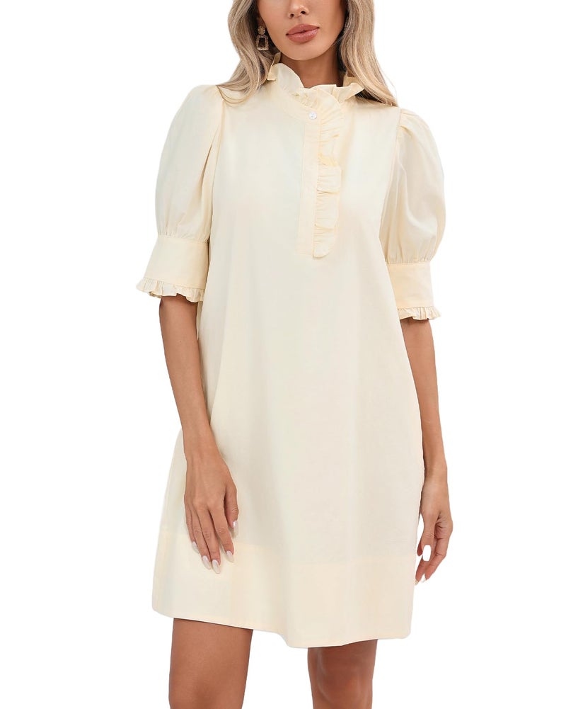 YEXPINE Women's Puff Short Sleeve Stand Ruffle Collar Summer Dress Casual A Line Shift Mini Dress with Pockets Apricot - Image 1