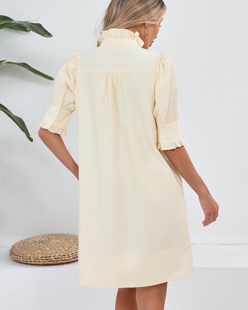 YEXPINE Women's Puff Short Sleeve Stand Ruffle Collar Summer Dress Casual A Line Shift Mini Dress with Pockets Apricot - Image 4