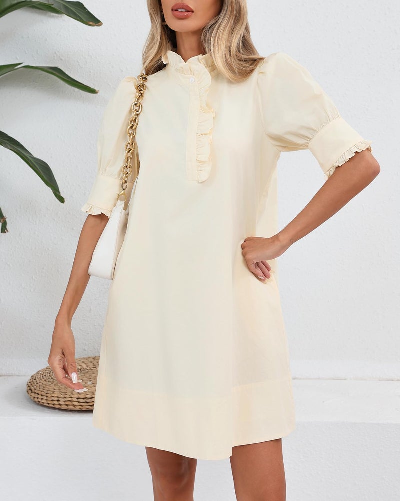 YEXPINE Women's Puff Short Sleeve Stand Ruffle Collar Summer Dress Casual A Line Shift Mini Dress with Pockets Apricot - Image 3