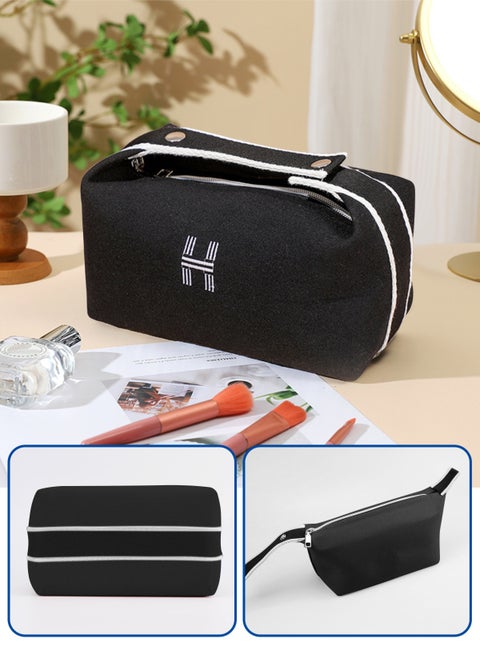 حقيبة مكياج للسفر، حقيبة مستحضرات تجميل صغيرة محمولة للسفر مع مقبض، حقيبة تنظيم مكياج من القماش مقاومة للماء للنساء والفتيات (أسود)
