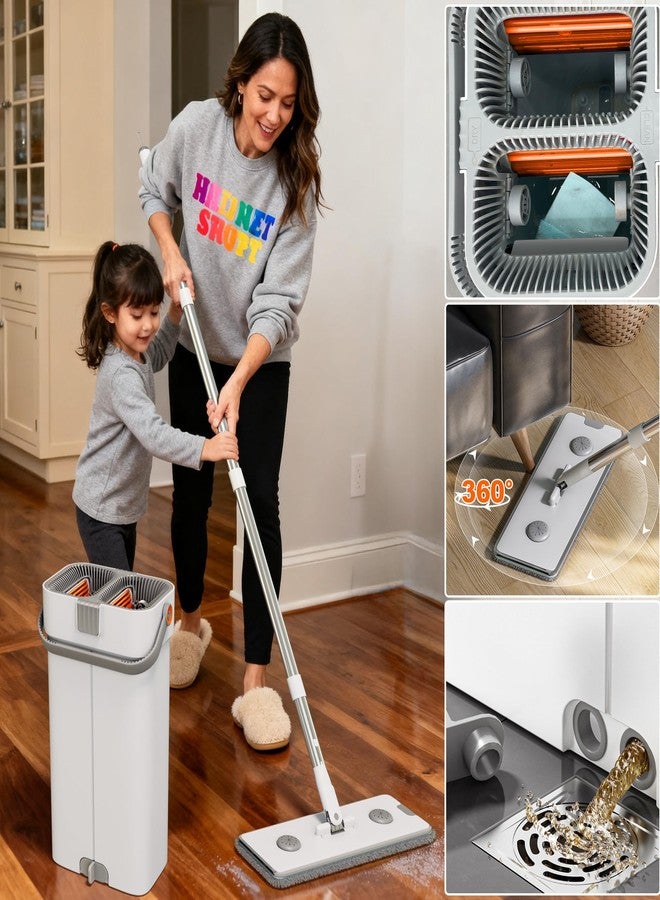 CTIME Large Mop and Bucket Set, Flat Mop and Bucket System, Wall Mop with Adjustable Handle (Max 74 Inches), Mops for Floor Cleaning, 6 Washable 15.74'' Microfiber Mop Pads - Image 4