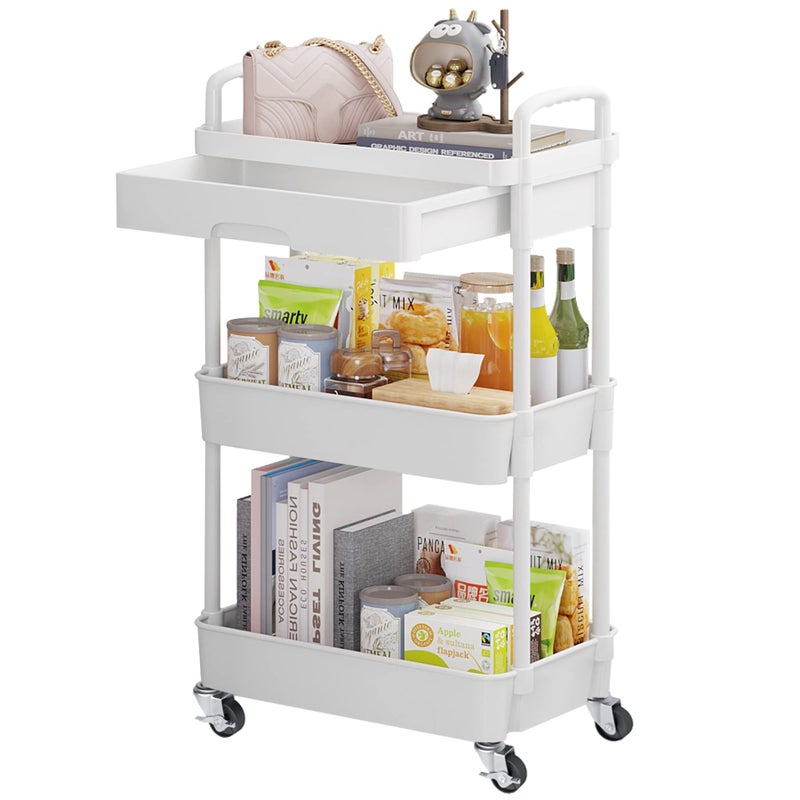 Calmootey 3Tier Rolling Utility Cart with DrawerMultifunctional Storage Organizer with Plastic Shelf  Metal WheelsStorage Cart for KitchenBathroomLiving RoomOfficeWhite