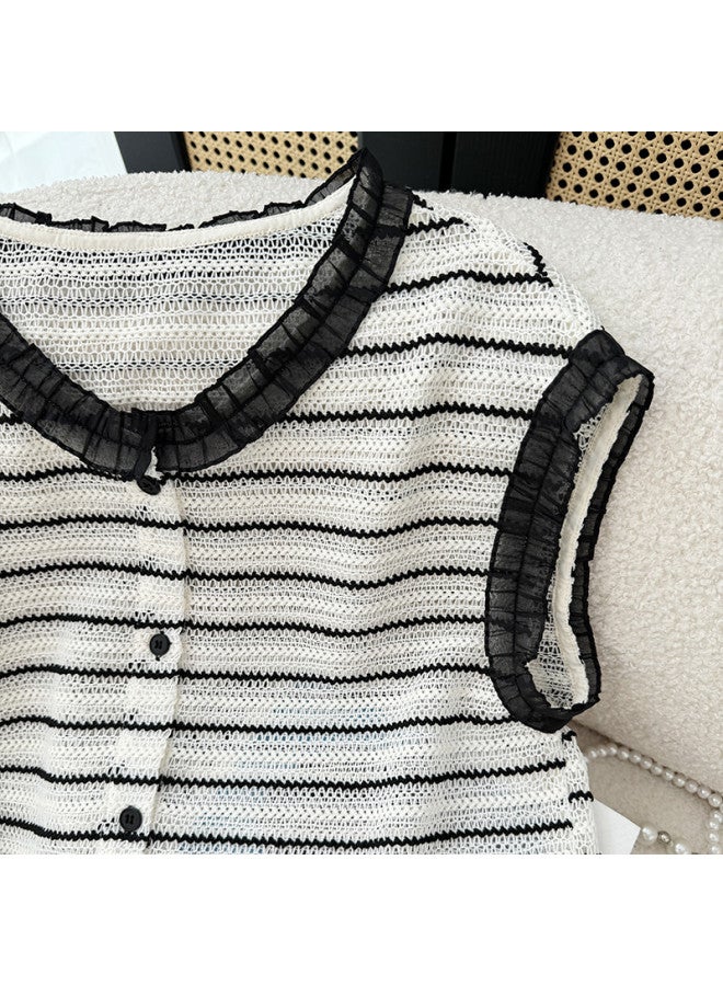 XINYANG Lace Trim Color-blocking Striped Vest For Women - 2025 Summer Polo Collar Slim-fit Shirt In Preppy Style - Image 4