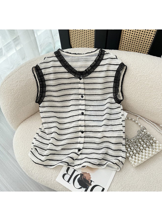 XINYANG Lace Trim Color-blocking Striped Vest For Women - 2025 Summer Polo Collar Slim-fit Shirt In Preppy Style - Image 2