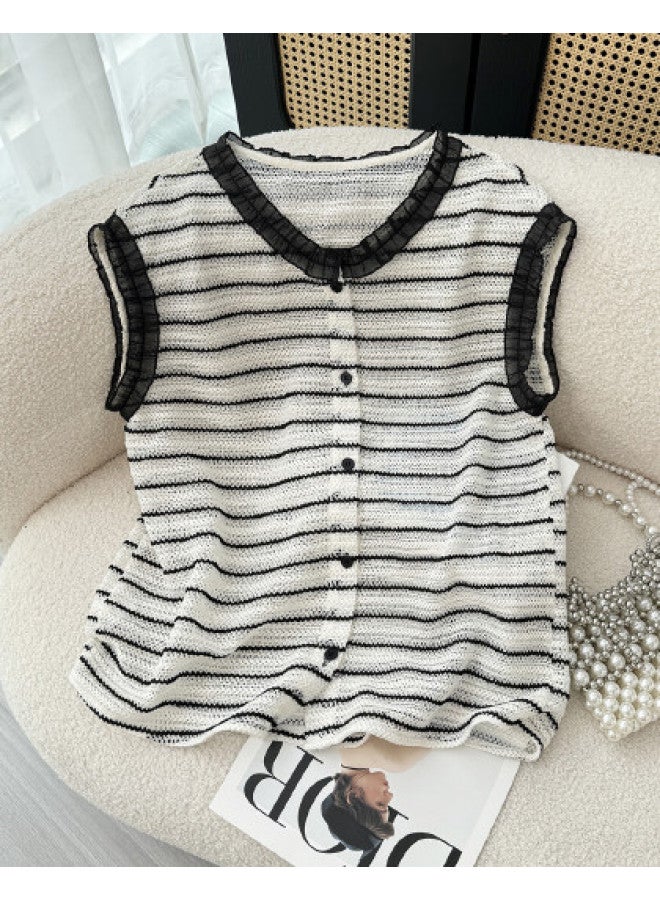 XINYANG Lace Trim Color-blocking Striped Vest For Women - 2025 Summer Polo Collar Slim-fit Shirt In Preppy Style - Image 1