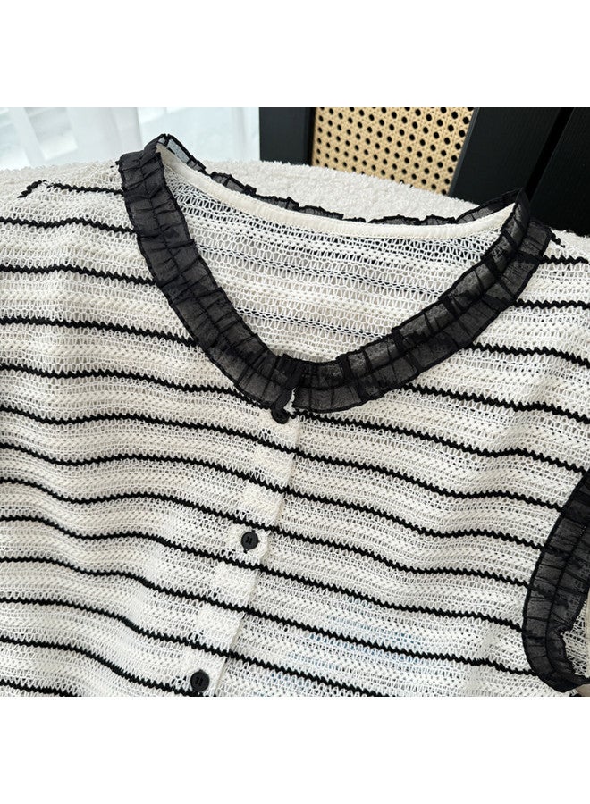 XINYANG Lace Trim Color-blocking Striped Vest For Women - 2025 Summer Polo Collar Slim-fit Shirt In Preppy Style - Image 3