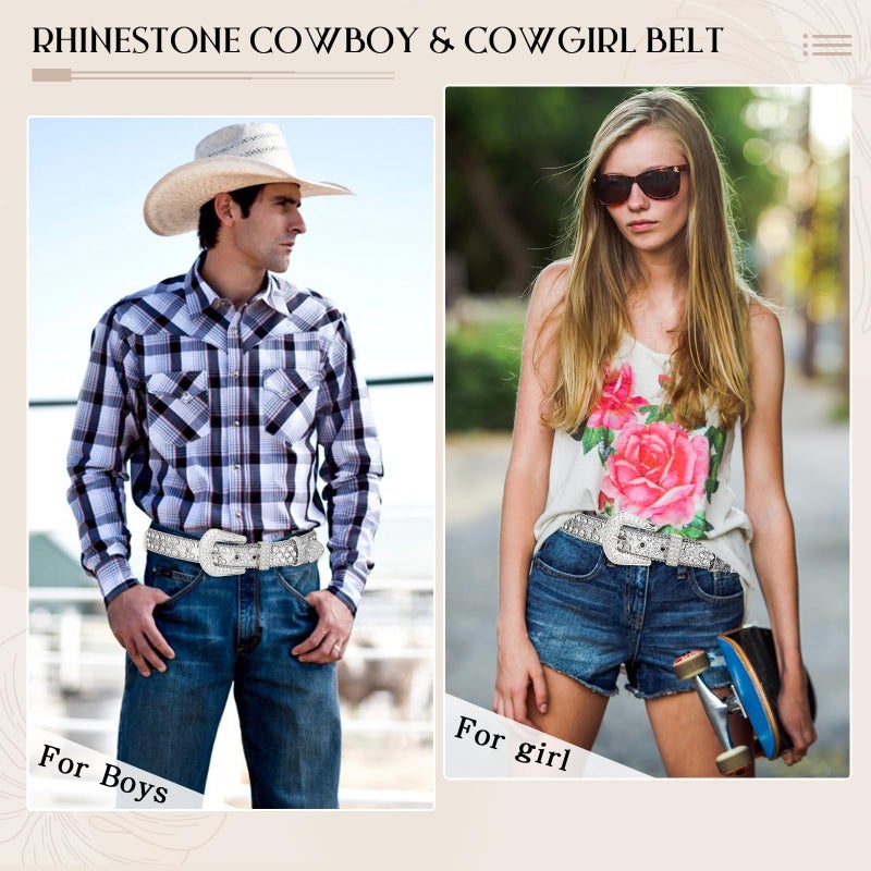 Ssumday Western Rhinestone Bling Studded Cowboy Cowgirl White Belts for Women Girl Men Female Ladies Jeans Pants Dresses Dress with Vintage Silver Buckle(MZSWH-S) - Image 4
