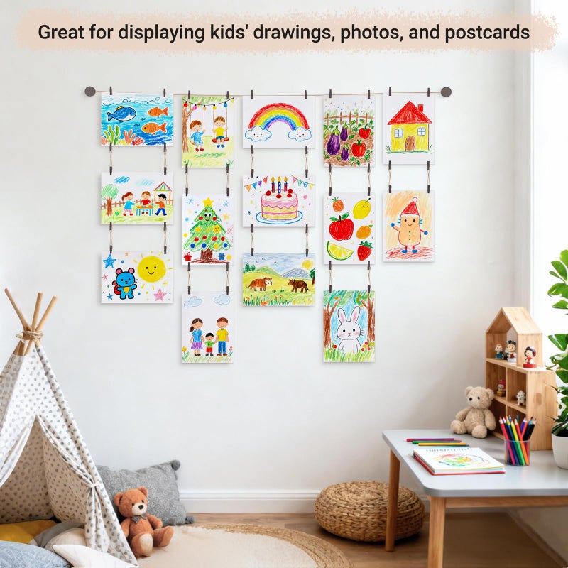 Mkono Art Display for Kids Artwork, 59" L Hanging Rope Boho Wall Decor with 34 Clips, Kids Art Collage Pictures Holder, Wall Hanging Decoration for Room Bedroom Playroom Classroom, Brown - Image 2