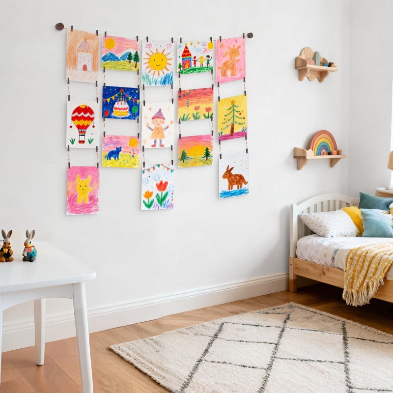 Mkono Art Display for Kids Artwork, 59" L Hanging Rope Boho Wall Decor with 34 Clips, Kids Art Collage Pictures Holder, Wall Hanging Decoration for Room Bedroom Playroom Classroom, Brown - Image 3