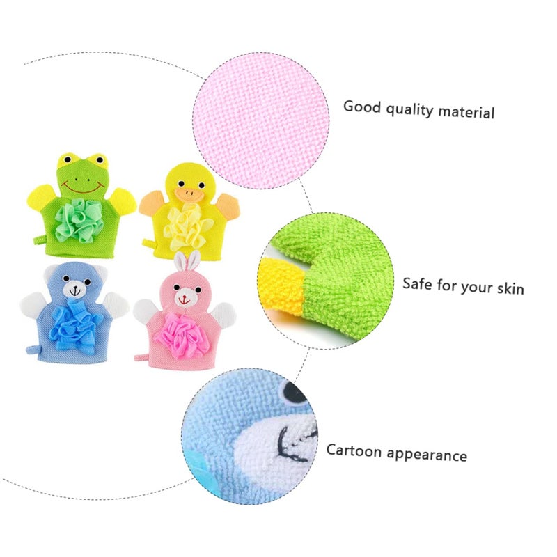 Kids Cartoon Bath Towel Set 4 Pack With Exfoliating Gloves Soft Body Scrub - Image 3