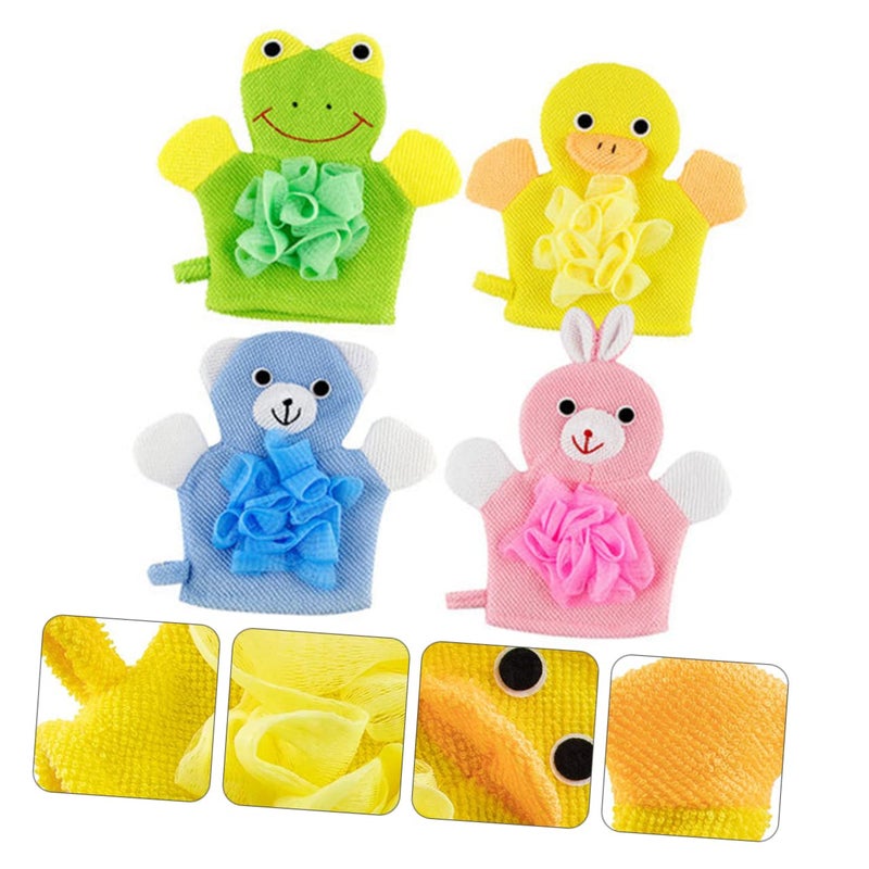 Kids Cartoon Bath Towel Set 4 Pack With Exfoliating Gloves Soft Body Scrub - Image 4