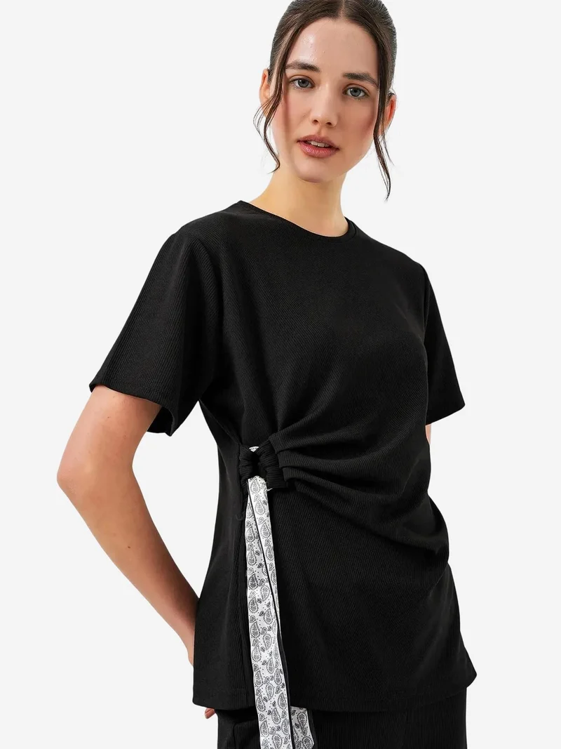 بيغ دارت BDART Crew Neck Tie Detail Ribbed Co-Ord Set with Wide Leg Trousers