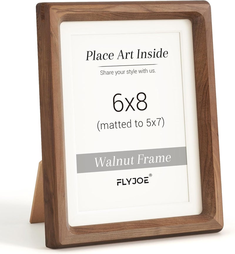 FLYJOE 6x8 Picture frame, USA-Sourced Natural Walnut Wood Photo Frame with Tempered Glass, Handcrafted Rounded Corner 6 x 8 Wooden Frame Matted to 5x7 Photos, Wall or Tabletop Display - Image 1