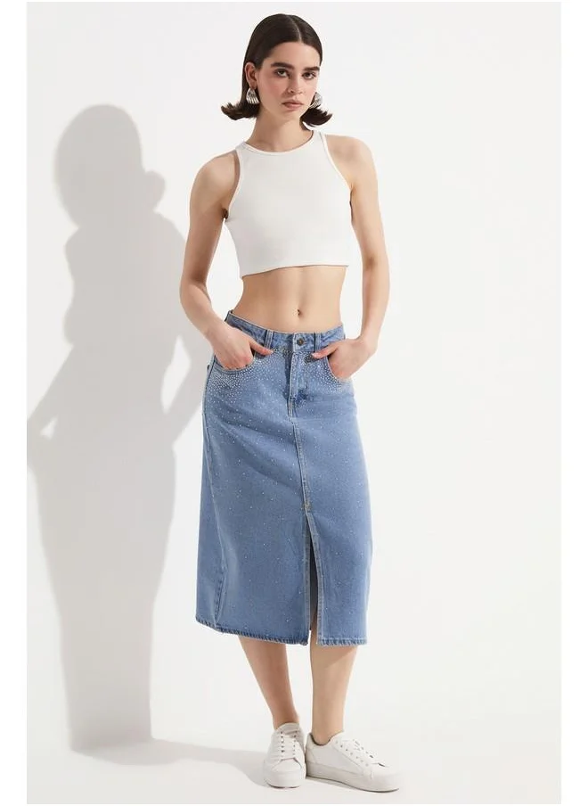 جون June Stoned Front Slit Long Jean Skirt Blue