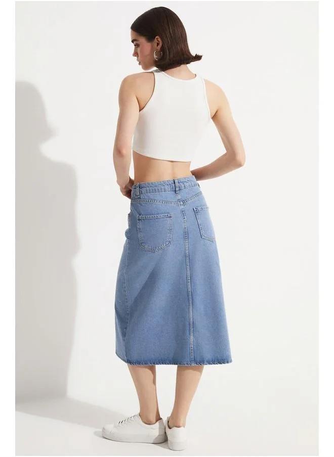 JUNE June Stoned Front Slit Long Jean Skirt Blue