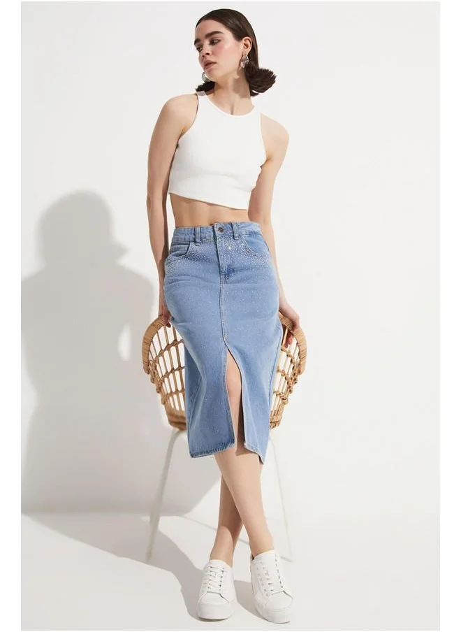 JUNE June Stoned Front Slit Long Jean Skirt Blue