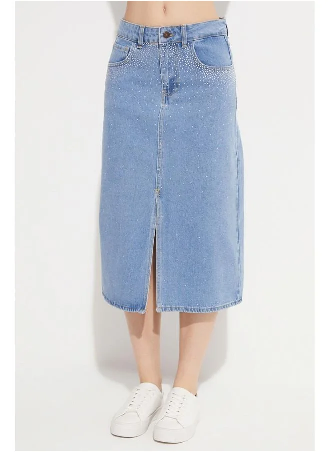 JUNE June Stoned Front Slit Long Jean Skirt Blue