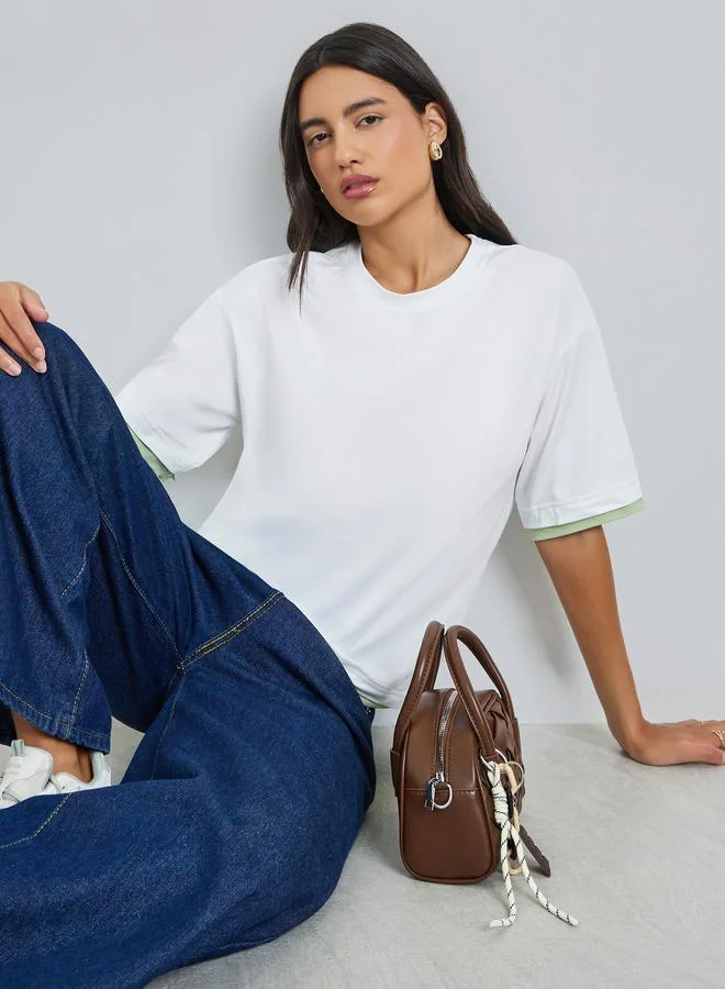 Styli White Solid Contrast Trim Oversized T-Shirt